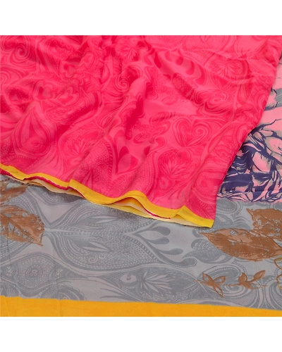 Sanskriti Vintage Sarees Pink Pure Georgette Silk Printed Sari 5Yd Craft Fabric, PRG-12651-Pink-Printed Floral Design-Pure Georgette Silk-7