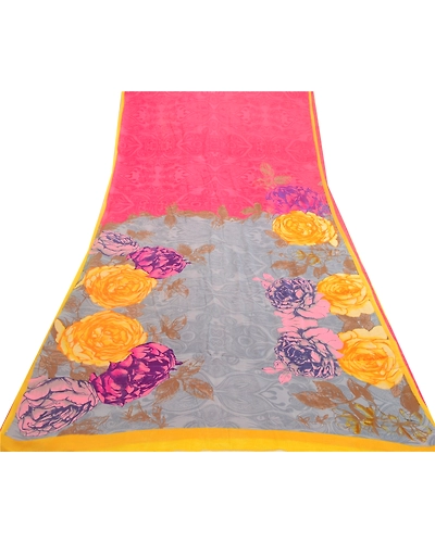 Sanskriti Vintage Sarees Pink Pure Georgette Silk Printed Sari 5Yd Craft Fabric, PRG-12651-Pink-Printed Floral Design-Pure Georgette Silk-8