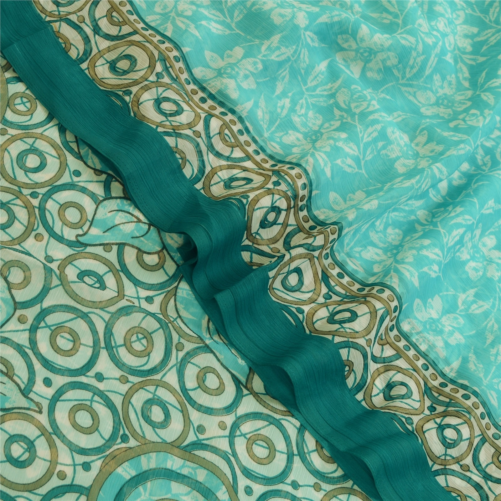 Sanskriti Vintage Sarees Indian Sea-Green Chiffon Printed Sari Soft Craft Fabric, PRG-12658-Sea-Green-Printed Floral Design-Poly Chiffon-1