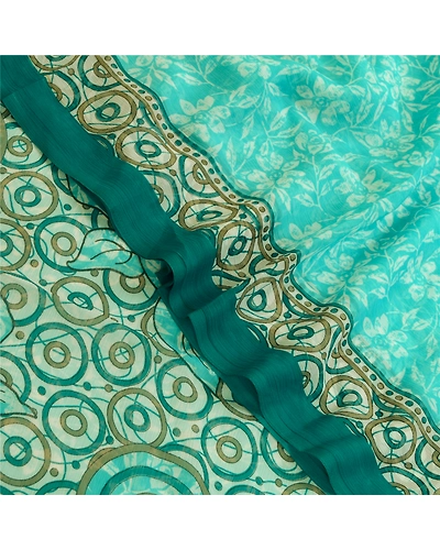 Sanskriti Vintage Sarees Indian Sea-Green Chiffon Printed Sari Soft Craft Fabric, PRG-12658-Sea-Green-Printed Floral Design-Poly Chiffon-1