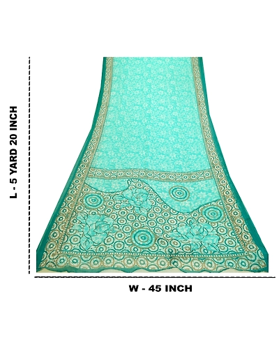 Sanskriti Vintage Sarees Indian Sea-Green Chiffon Printed Sari Soft Craft Fabric, PRG-12658-Sea-Green-Printed Floral Design-Poly Chiffon-3
