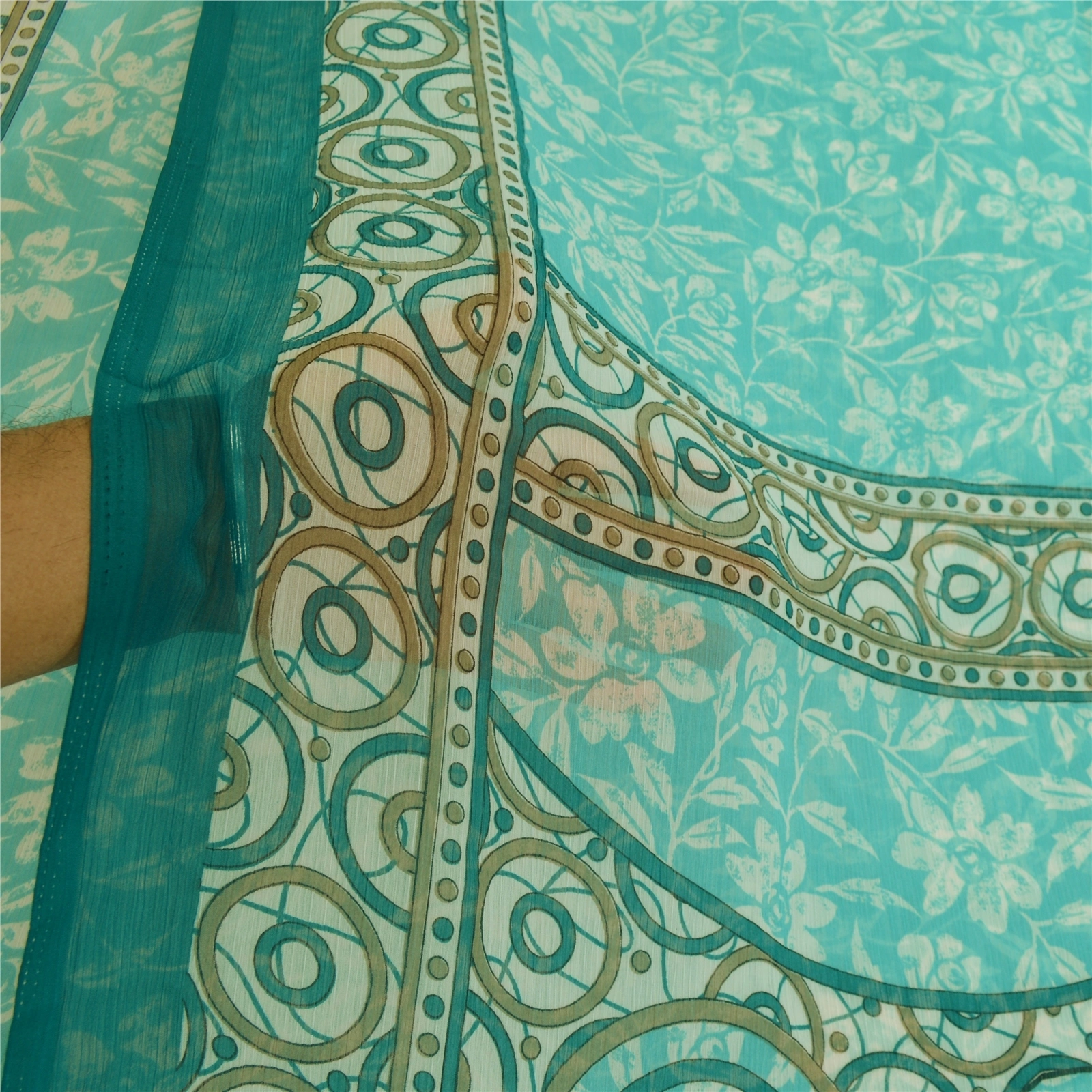 Sanskriti Vintage Sarees Indian Sea-Green Chiffon Printed Sari Soft Craft Fabric, PRG-12658-Sea-Green-Printed Floral Design-Poly Chiffon-4