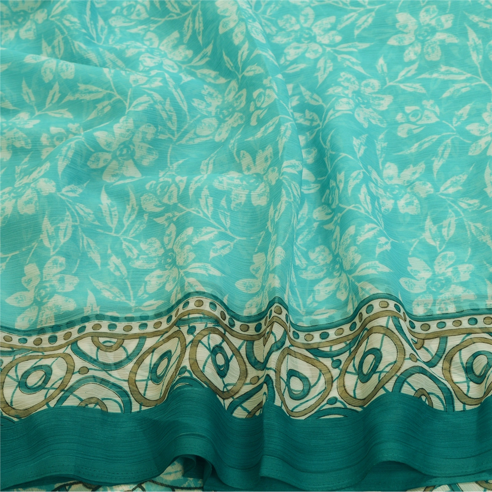 Sanskriti Vintage Sarees Indian Sea-Green Chiffon Printed Sari Soft Craft Fabric, PRG-12658-Sea-Green-Printed Floral Design-Poly Chiffon-6