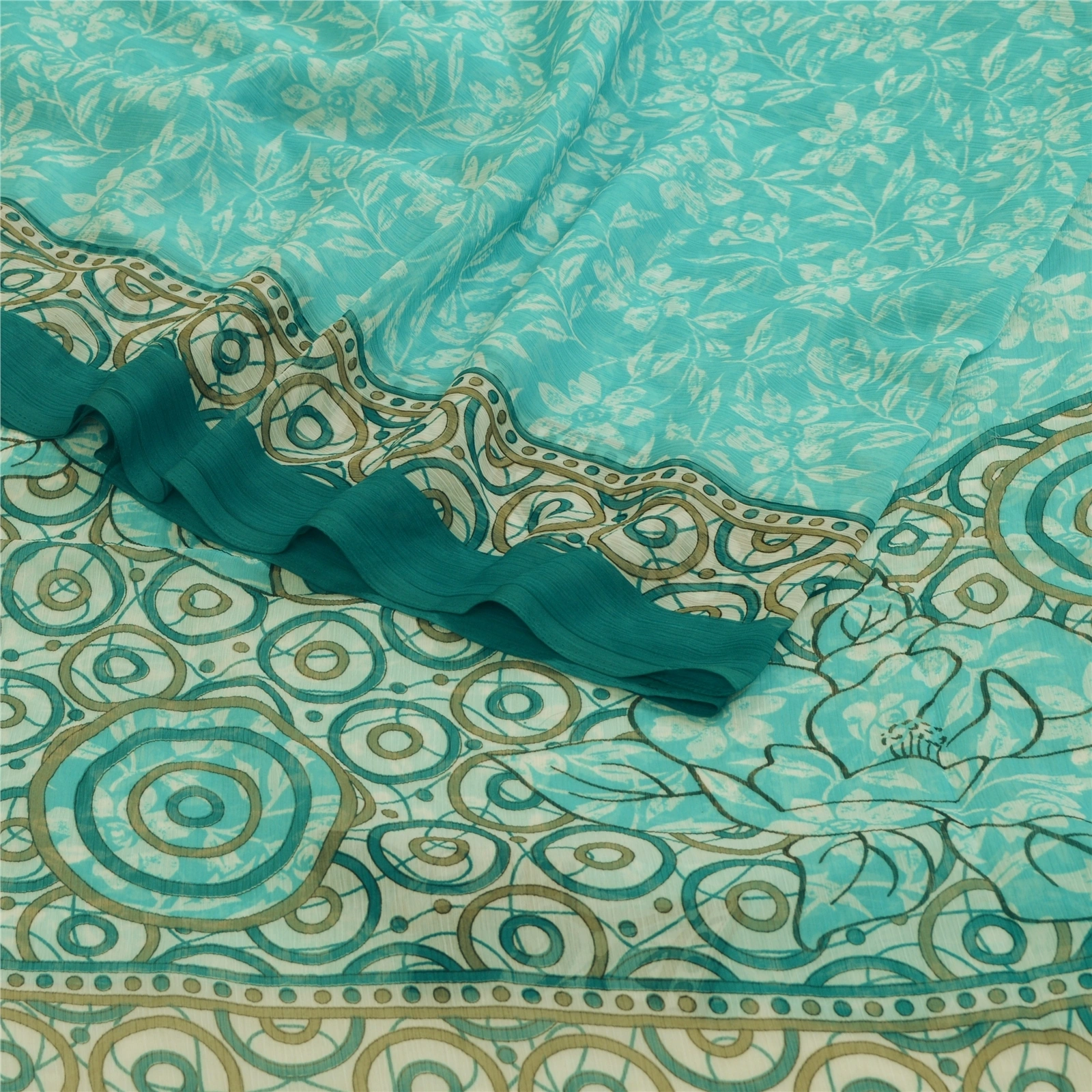 Sanskriti Vintage Sarees Indian Sea-Green Chiffon Printed Sari Soft Craft Fabric, PRG-12658-Sea-Green-Printed Floral Design-Poly Chiffon-7