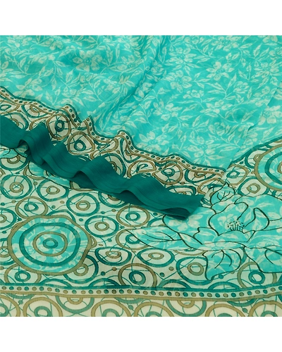 Sanskriti Vintage Sarees Indian Sea-Green Chiffon Printed Sari Soft Craft Fabric, PRG-12658-Sea-Green-Printed Floral Design-Poly Chiffon-7