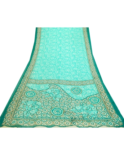 Sanskriti Vintage Sarees Indian Sea-Green Chiffon Printed Sari Soft Craft Fabric, PRG-12658-Sea-Green-Printed Floral Design-Poly Chiffon-8