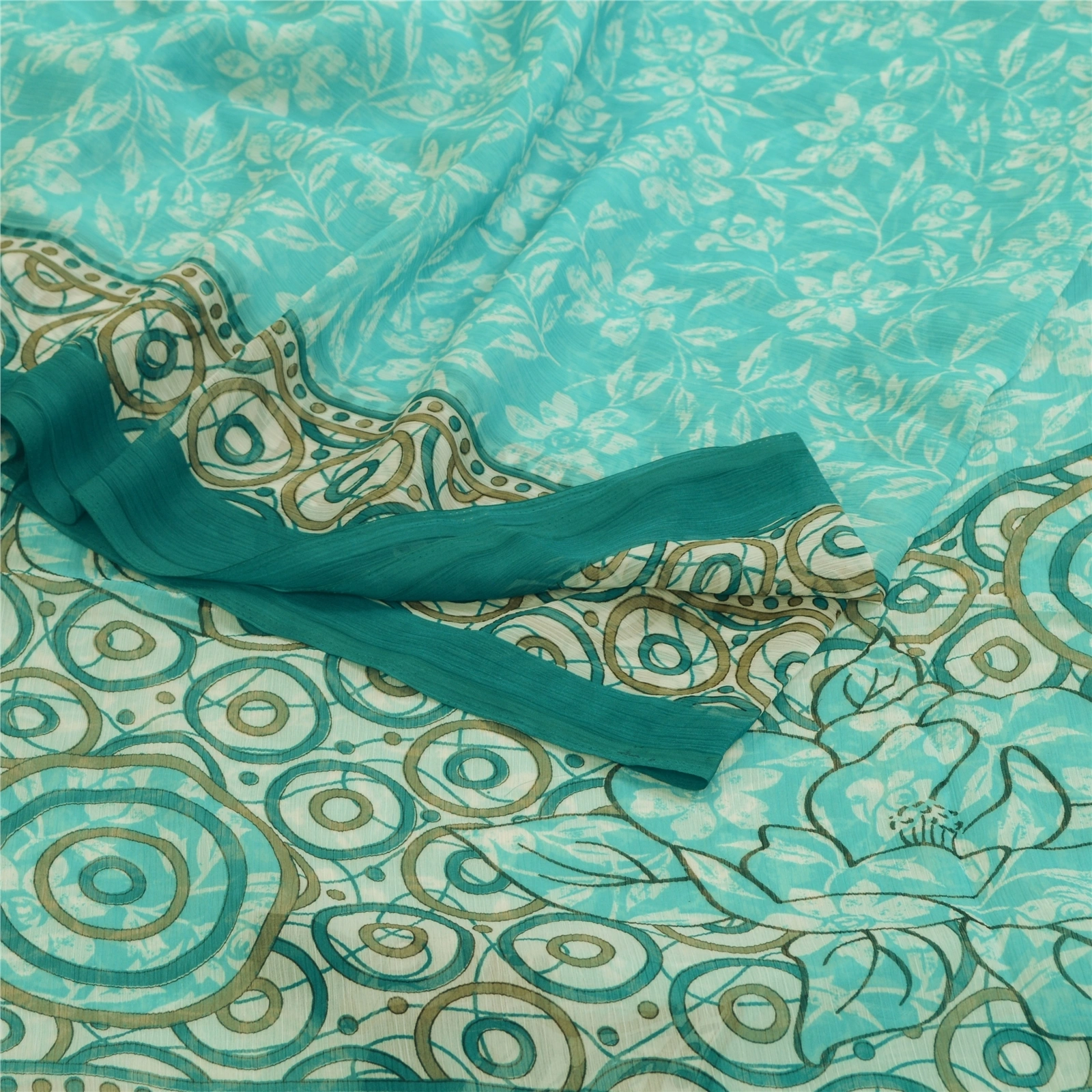 Sanskriti Vintage Sarees Indian Sea-Green Chiffon Printed Sari Soft Craft Fabric, PRG-12658-Sea-Green-Printed Floral Design-Poly Chiffon-9