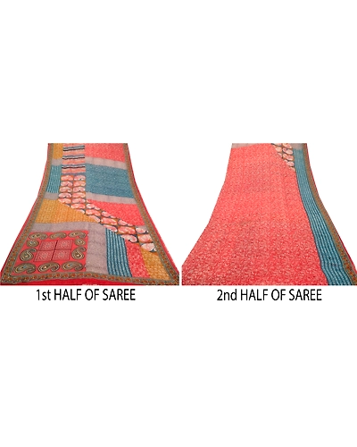 Sanskriti Vintage Sarees Red Pure Georgette Silk Printed Sari 5Yd Craft Fabric, PRG-12668-Red-Printed Floral Design-Pure Georgette Silk-5