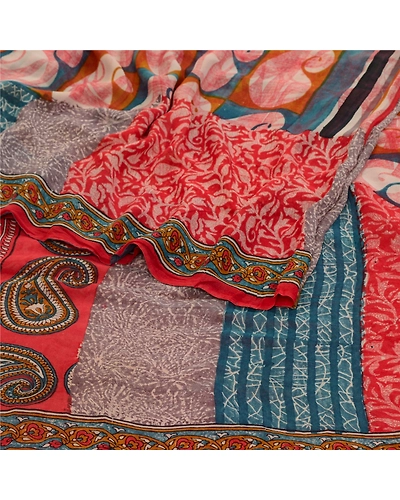 Sanskriti Vintage Sarees Red Pure Georgette Silk Printed Sari 5Yd Craft Fabric, PRG-12668-Red-Printed Floral Design-Pure Georgette Silk-7