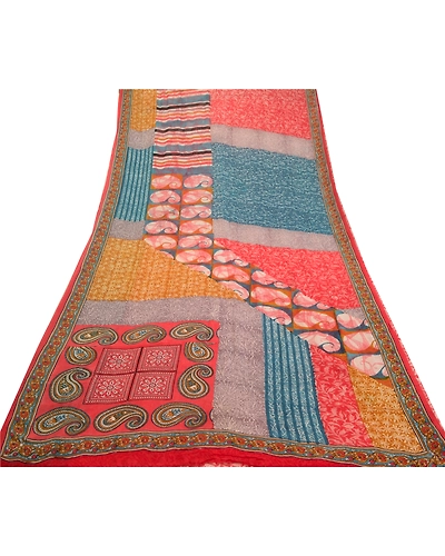 Sanskriti Vintage Sarees Red Pure Georgette Silk Printed Sari 5Yd Craft Fabric, PRG-12668-Red-Printed Floral Design-Pure Georgette Silk-8