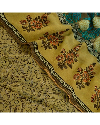 Sanskriti Vintage Sarees Green Pure Georgette Silk Print Sari Soft Craft Fabric, PRG-12675-Green-Printed Floral Design-Pure Georgette Silk-1