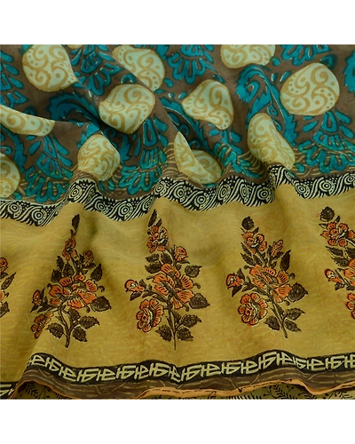 Sanskriti Vintage Sarees Green Pure Georgette Silk Print Sari Soft Craft Fabric, PRG-12675-Green-Printed Floral Design-Pure Georgette Silk-4
