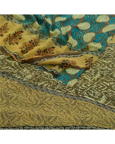 Sanskriti Vintage Sarees Green Pure Georgette Silk Print Sari Soft Craft Fabric, PRG-12675-Green-Printed Floral Design-Pure Georgette Silk-9