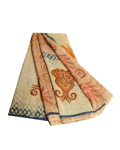 Sanskriti Vintage Sarees Cream Printed Pure Georgette Silk Sari 5Yd Craft Fabric, PRG-12690-Shades Of Cream-Printed Floral Design-Pure Georgette Silk-2