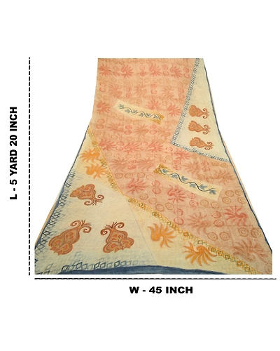 Sanskriti Vintage Sarees Cream Printed Pure Georgette Silk Sari 5Yd Craft Fabric, PRG-12690-Shades Of Cream-Printed Floral Design-Pure Georgette Silk-5