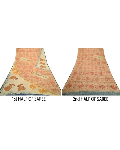 Sanskriti Vintage Sarees Cream Printed Pure Georgette Silk Sari 5Yd Craft Fabric, PRG-12690-Shades Of Cream-Printed Floral Design-Pure Georgette Silk-7