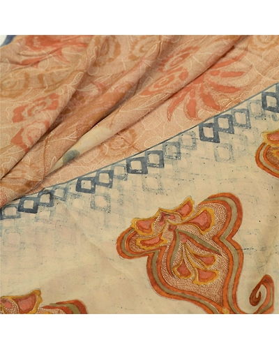 Sanskriti Vintage Sarees Cream Printed Pure Georgette Silk Sari 5Yd Craft Fabric, PRG-12690-Shades Of Cream-Printed Floral Design-Pure Georgette Silk-8