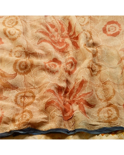 Sanskriti Vintage Sarees Cream Printed Pure Georgette Silk Sari 5Yd Craft Fabric, PRG-12690-Shades Of Cream-Printed Floral Design-Pure Georgette Silk-9