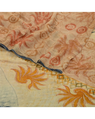 Sanskriti Vintage Sarees Cream Printed Pure Georgette Silk Sari 5Yd Craft Fabric, PRG-12690-Shades Of Cream-Printed Floral Design-Pure Georgette Silk-10