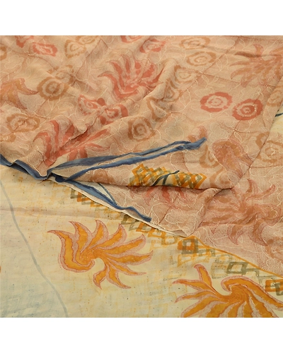 Sanskriti Vintage Sarees Cream Printed Pure Georgette Silk Sari 5Yd Craft Fabric, PRG-12690-Shades Of Cream-Printed Floral Design-Pure Georgette Silk-13