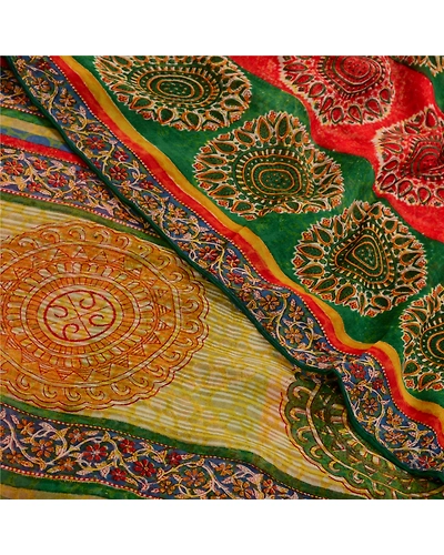 Sanskriti Vintage Sarees Red/Green Pure Georgette Silk Printed Sari Craft Fabric, PRG-12698-Red &amp; Green-Printed Floral Design-Pure Georgette Silk-1