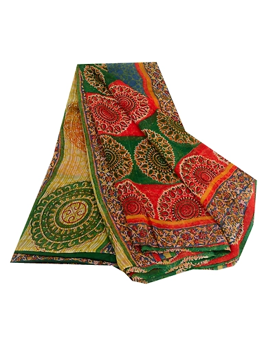 Sanskriti Vintage Sarees Red/Green Pure Georgette Silk Printed Sari Craft Fabric, PRG-12698-Red &amp; Green-Printed Floral Design-Pure Georgette Silk-2