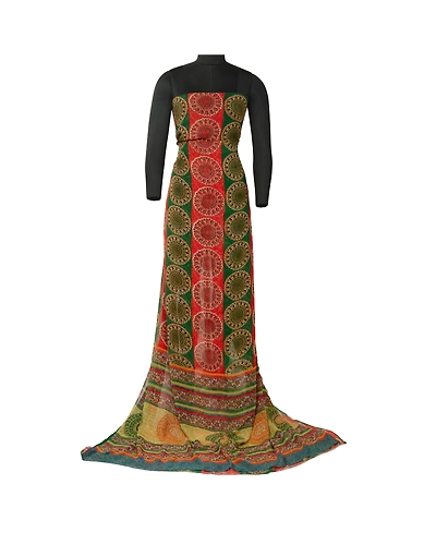 Sanskriti Vintage Sarees Red/Green Pure Georgette Silk Printed Sari Craft Fabric, PRG-12698-Red &amp; Green-Printed Floral Design-Pure Georgette Silk-3