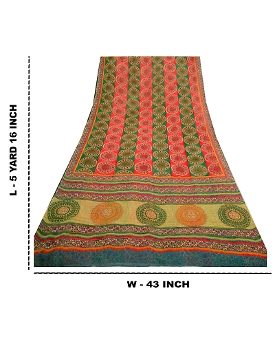 Sanskriti Vintage Sarees Red/Green Pure Georgette Silk Printed Sari Craft Fabric, PRG-12698-Red &amp; Green-Printed Floral Design-Pure Georgette Silk-5
