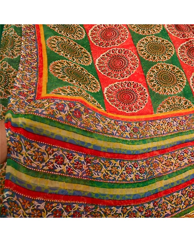 Sanskriti Vintage Sarees Red/Green Pure Georgette Silk Printed Sari Craft Fabric, PRG-12698-Red &amp; Green-Printed Floral Design-Pure Georgette Silk-6