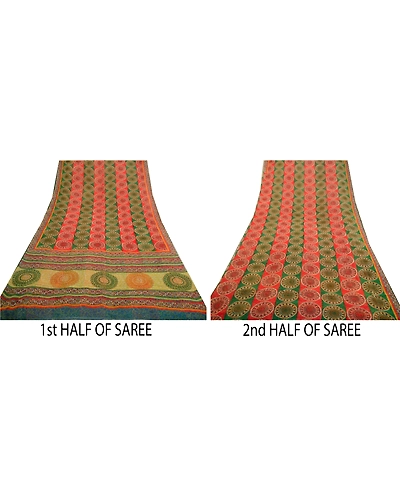 Sanskriti Vintage Sarees Red/Green Pure Georgette Silk Printed Sari Craft Fabric, PRG-12698-Red &amp; Green-Printed Floral Design-Pure Georgette Silk-7