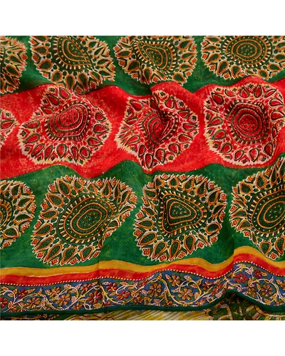 Sanskriti Vintage Sarees Red/Green Pure Georgette Silk Printed Sari Craft Fabric, PRG-12698-Red &amp; Green-Printed Floral Design-Pure Georgette Silk-9