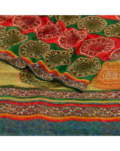 Sanskriti Vintage Sarees Red/Green Pure Georgette Silk Printed Sari Craft Fabric, PRG-12698-Red &amp; Green-Printed Floral Design-Pure Georgette Silk-10