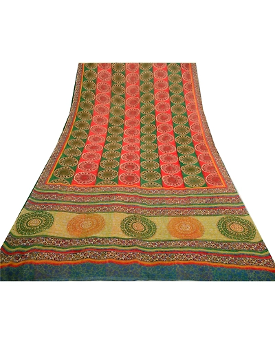 Sanskriti Vintage Sarees Red/Green Pure Georgette Silk Printed Sari Craft Fabric, PRG-12698-Red &amp; Green-Printed Floral Design-Pure Georgette Silk-11