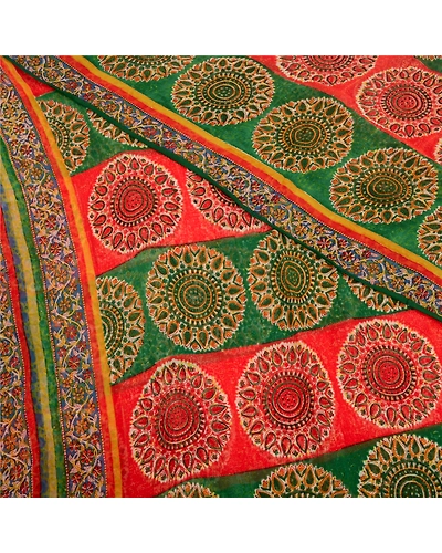 Sanskriti Vintage Sarees Red/Green Pure Georgette Silk Printed Sari Craft Fabric, PRG-12698-Red &amp; Green-Printed Floral Design-Pure Georgette Silk-12