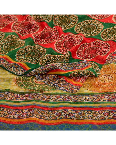 Sanskriti Vintage Sarees Red/Green Pure Georgette Silk Printed Sari Craft Fabric, PRG-12698-Red &amp; Green-Printed Floral Design-Pure Georgette Silk-13