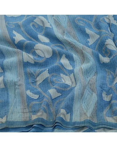 Sanskriti Vintage Sarees Blue Pure Georgette Silk Printed Sari 5Yd Craft Fabric, PRG-12708-Blue-Printed Floral Design-Pure Georgette Silk-9
