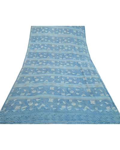 Sanskriti Vintage Sarees Blue Pure Georgette Silk Printed Sari 5Yd Craft Fabric, PRG-12708-Blue-Printed Floral Design-Pure Georgette Silk-11