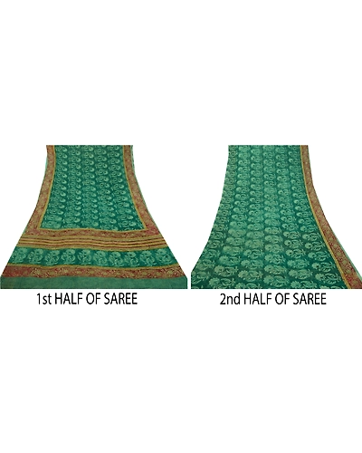 Sanskriti Vintage Sarees Green Pure Georgette Silk Printed Sari 5Yd Craft Fabric, PRG-12716-Green-Printed Floral Design-Pure Georgette Silk-7
