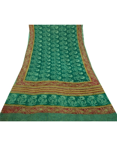 Sanskriti Vintage Sarees Green Pure Georgette Silk Printed Sari 5Yd Craft Fabric, PRG-12716-Green-Printed Floral Design-Pure Georgette Silk-11