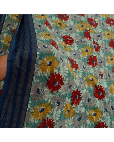 Sanskriti Vintage Sarees Multi Pure Georgette Silk Printed Sari 5Yd Craft Fabric, PRG-12722-Multi-Printed Floral Design-Pure Georgette Silk-6