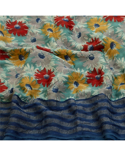 Sanskriti Vintage Sarees Multi Pure Georgette Silk Printed Sari 5Yd Craft Fabric, PRG-12722-Multi-Printed Floral Design-Pure Georgette Silk-9