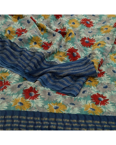 Sanskriti Vintage Sarees Multi Pure Georgette Silk Printed Sari 5Yd Craft Fabric, PRG-12722-Multi-Printed Floral Design-Pure Georgette Silk-13