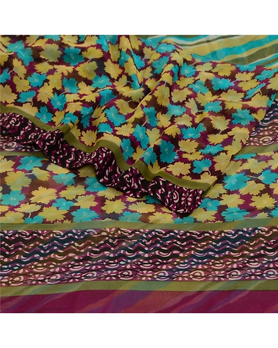 Sanskriti Vintage Sarees Green Pure Georgette Silk Printed Sari 5Yd Craft Fabric, PRG-12723-Green-Printed Floral Design-Pure Georgette Silk-10