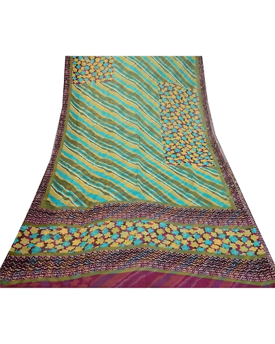Sanskriti Vintage Sarees Green Pure Georgette Silk Printed Sari 5Yd Craft Fabric, PRG-12723-Green-Printed Floral Design-Pure Georgette Silk-11