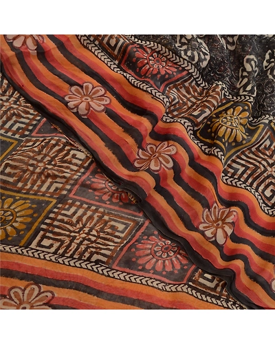Sanskriti Vintage Sarees Brown Pure Georgette Silk Printed Sari 5Yd Craft Fabric, PRG-12724-Brown-Printed Floral Design-Pure Georgette Silk-1