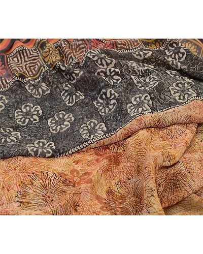 Sanskriti Vintage Sarees Brown Pure Georgette Silk Printed Sari 5Yd Craft Fabric, PRG-12724-Brown-Printed Floral Design-Pure Georgette Silk-4