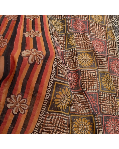 Sanskriti Vintage Sarees Brown Pure Georgette Silk Printed Sari 5Yd Craft Fabric, PRG-12724-Brown-Printed Floral Design-Pure Georgette Silk-6