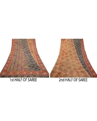 Sanskriti Vintage Sarees Brown Pure Georgette Silk Printed Sari 5Yd Craft Fabric, PRG-12724-Brown-Printed Floral Design-Pure Georgette Silk-7