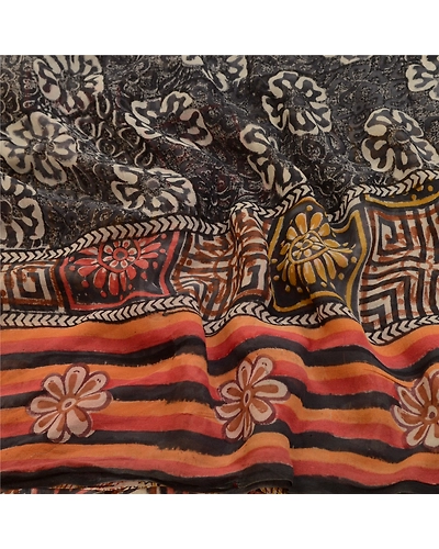 Sanskriti Vintage Sarees Brown Pure Georgette Silk Printed Sari 5Yd Craft Fabric, PRG-12724-Brown-Printed Floral Design-Pure Georgette Silk-9
