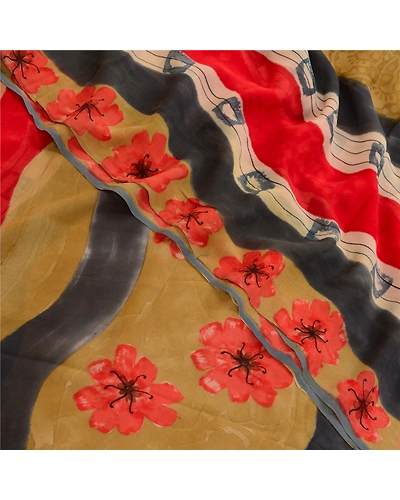 Sanskriti Vintage Sarees Multi Pure Georgette Silk Printed Sari 5Yd Craft Fabric, PRG-12736-Multi-Printed Floral Design-Pure Georgette Silk-1